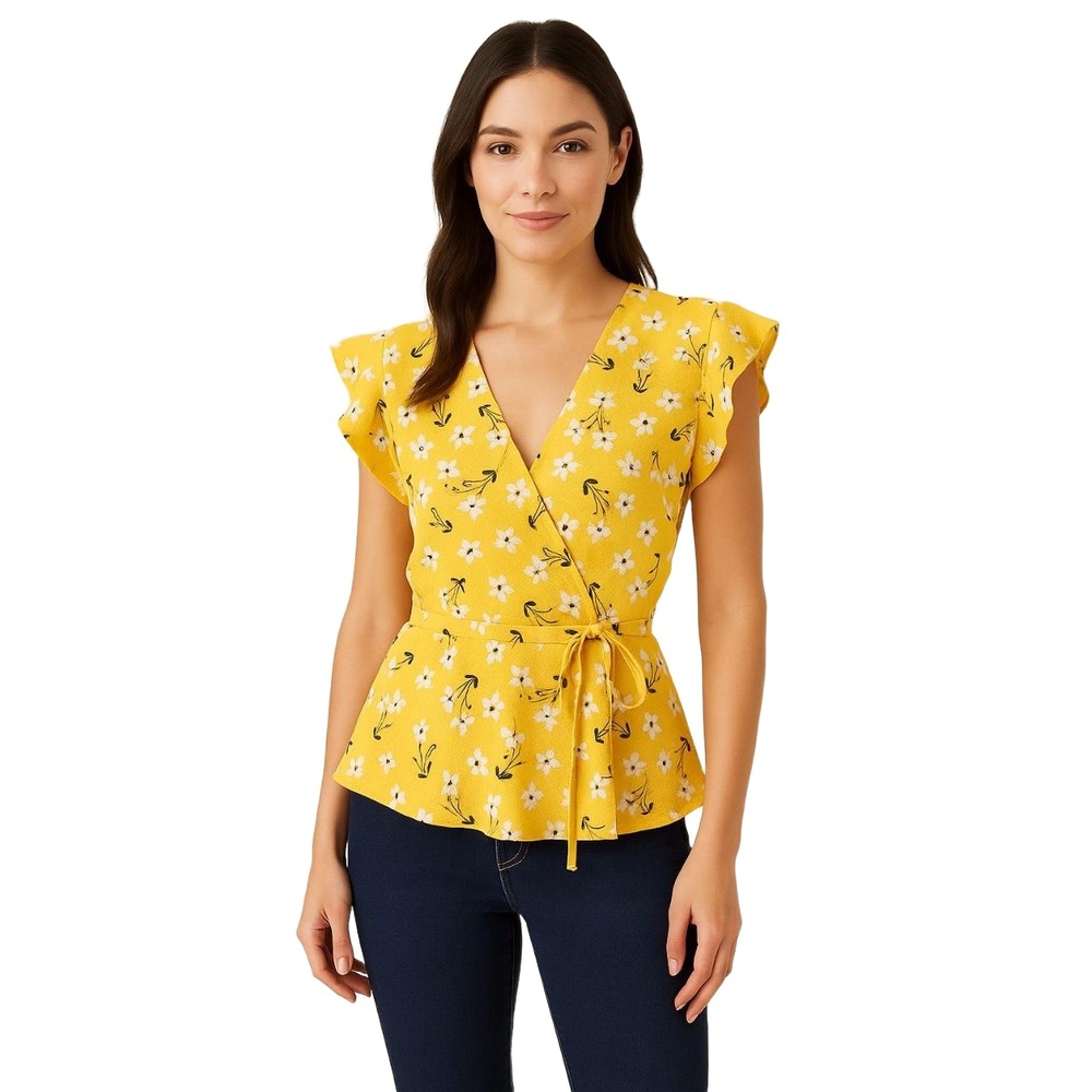 MONTEAU LOS ANGELES Yellow Floral Wrap Blouse – Size Small